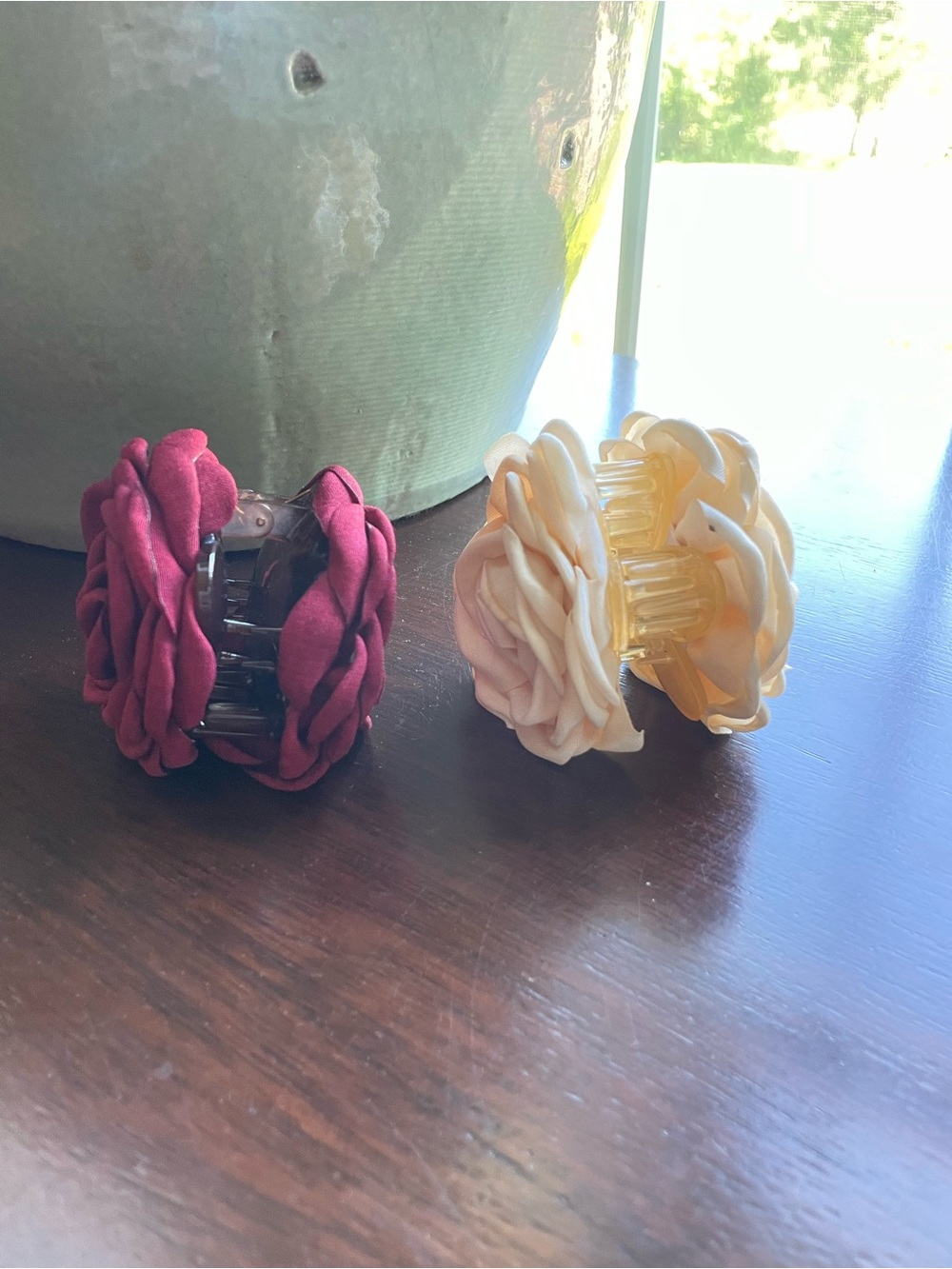 FreePeople Belle Rosette Fabric Hair Clips in Wine Red and Cream - Picture 2 of 5